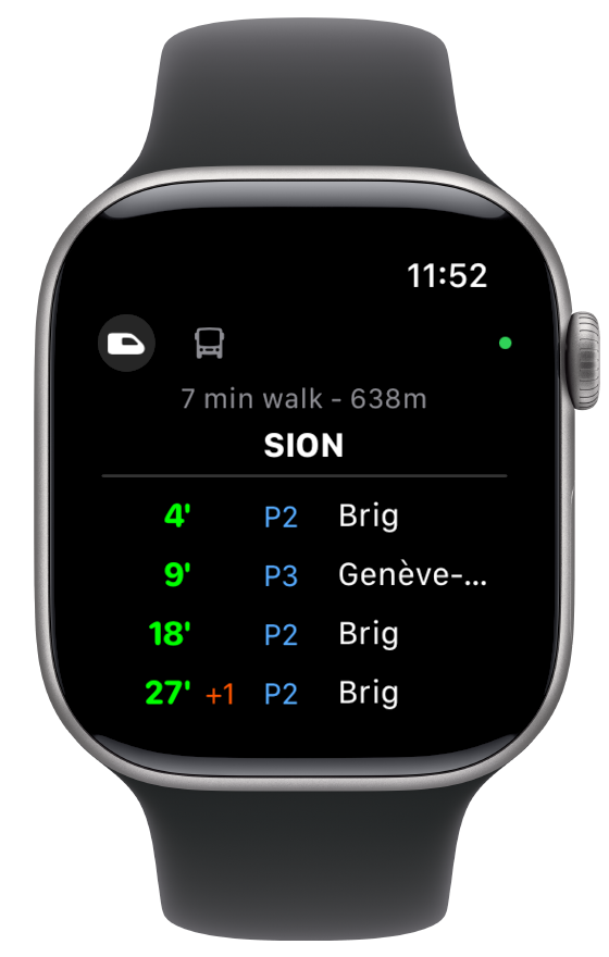 Station departures view showing trains from Sion to Brig and Geneva
