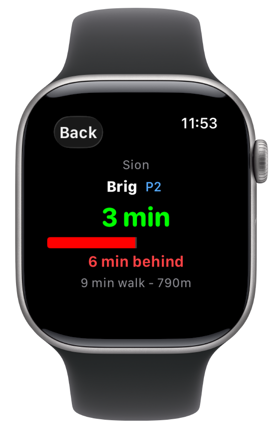 Focused tracking mode showing countdown and walk distance