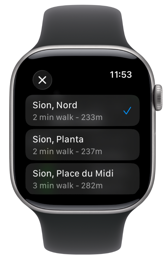 Station picker showing nearby stations with walk times